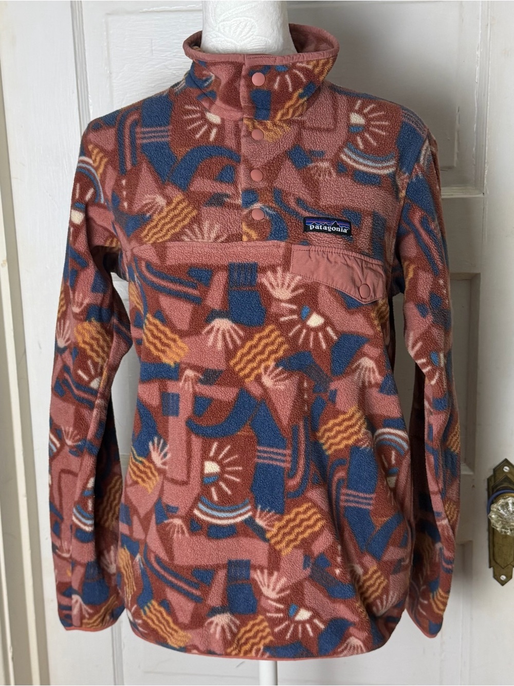 Patagonia Women’s Synchilla Snap T Pullover Fleece Canyon Block Print NWOT